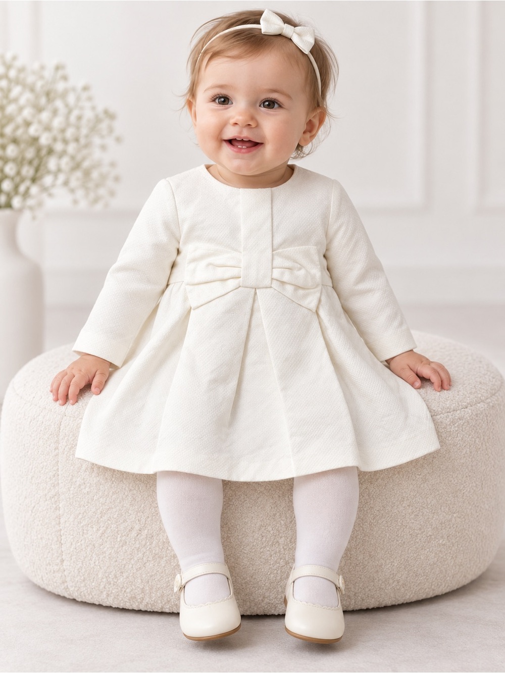 Jacadi Paris Celaya Ivory Bow Dress 12 Months Cotton Linen NWT